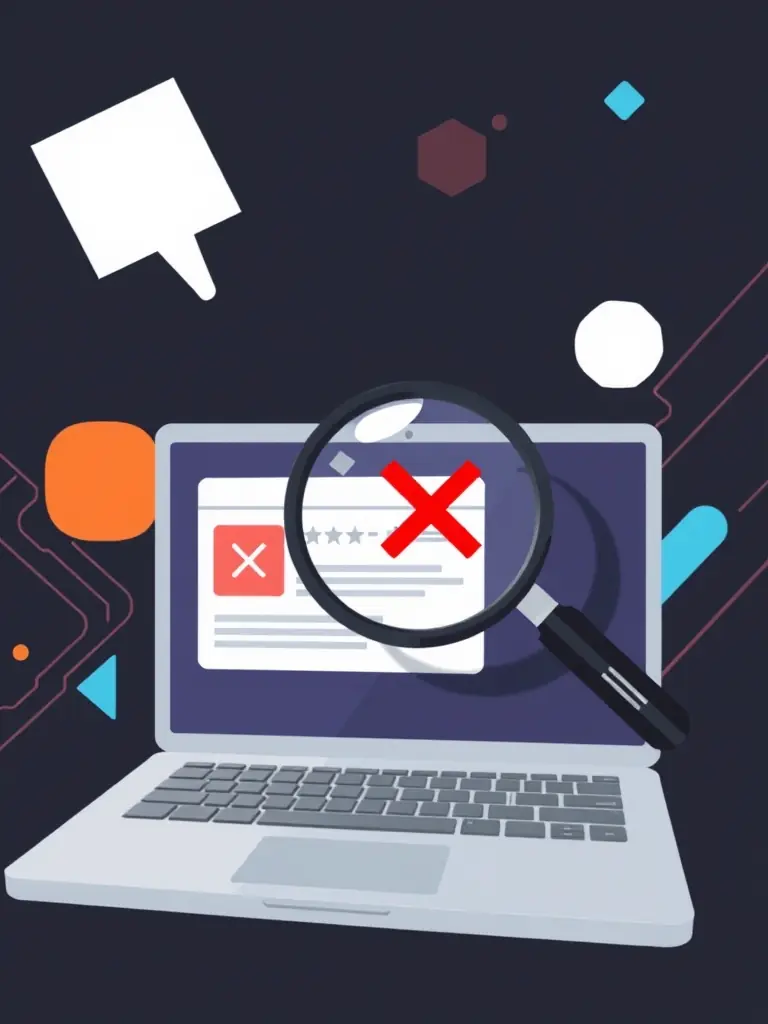 A stylized image of a magnifying glass hovering over a negative online review on a laptop screen, with a cross mark subtly indicating removal, set against a dark background.
