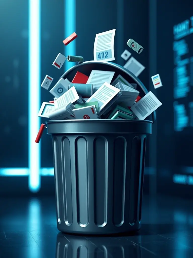 An image depicting a digital trash can with various types of data files being deleted, symbolizing the removal of unwanted information from the internet, with a dark and secure aesthetic.