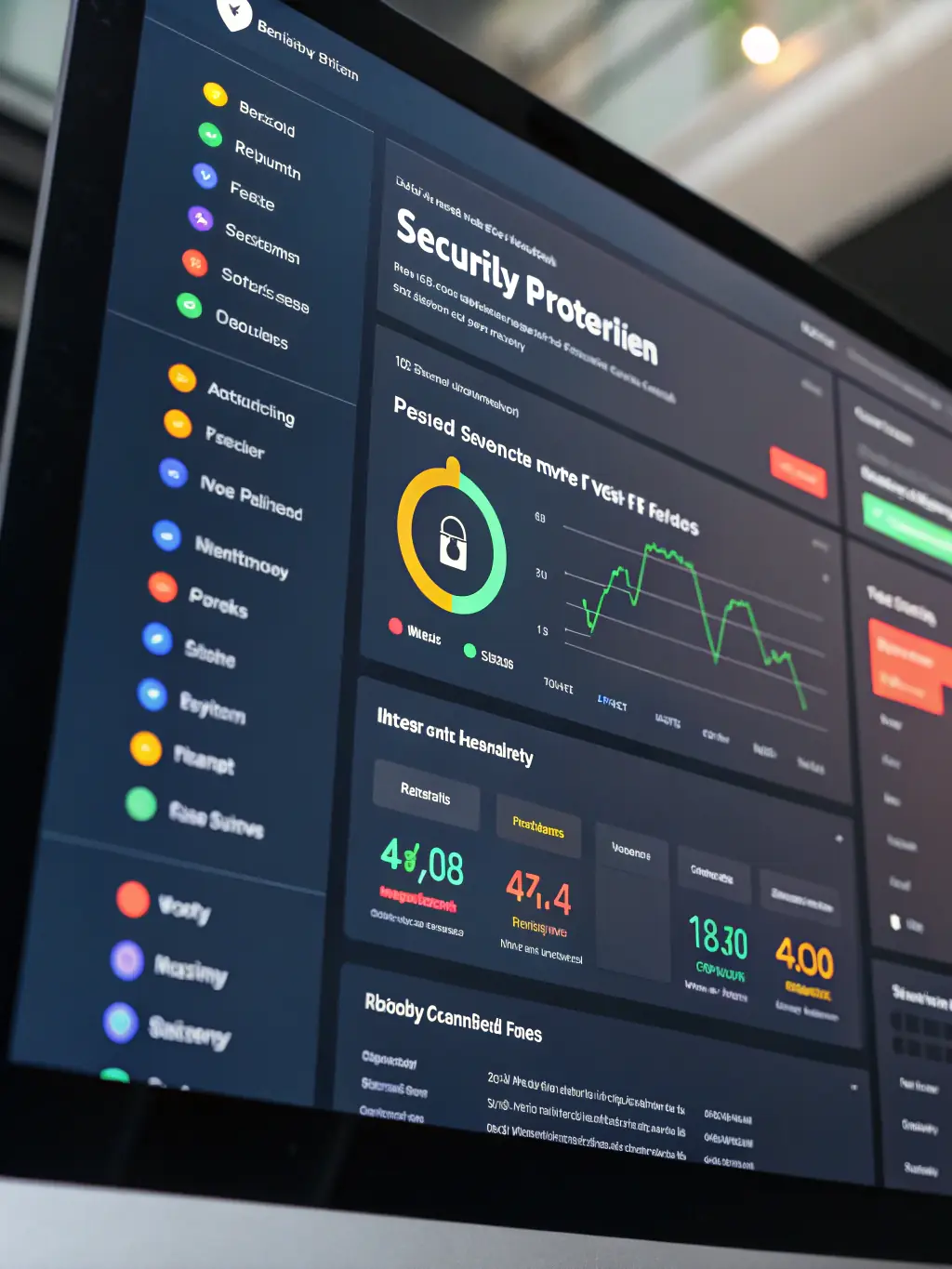 A sleek, modern interface showing a dashboard with various security metrics, including data encryption status and breach alerts, emphasizing a high-tech feel with dark and blue accents.